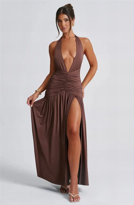 Layla Plunge Maxi Dress - Brown